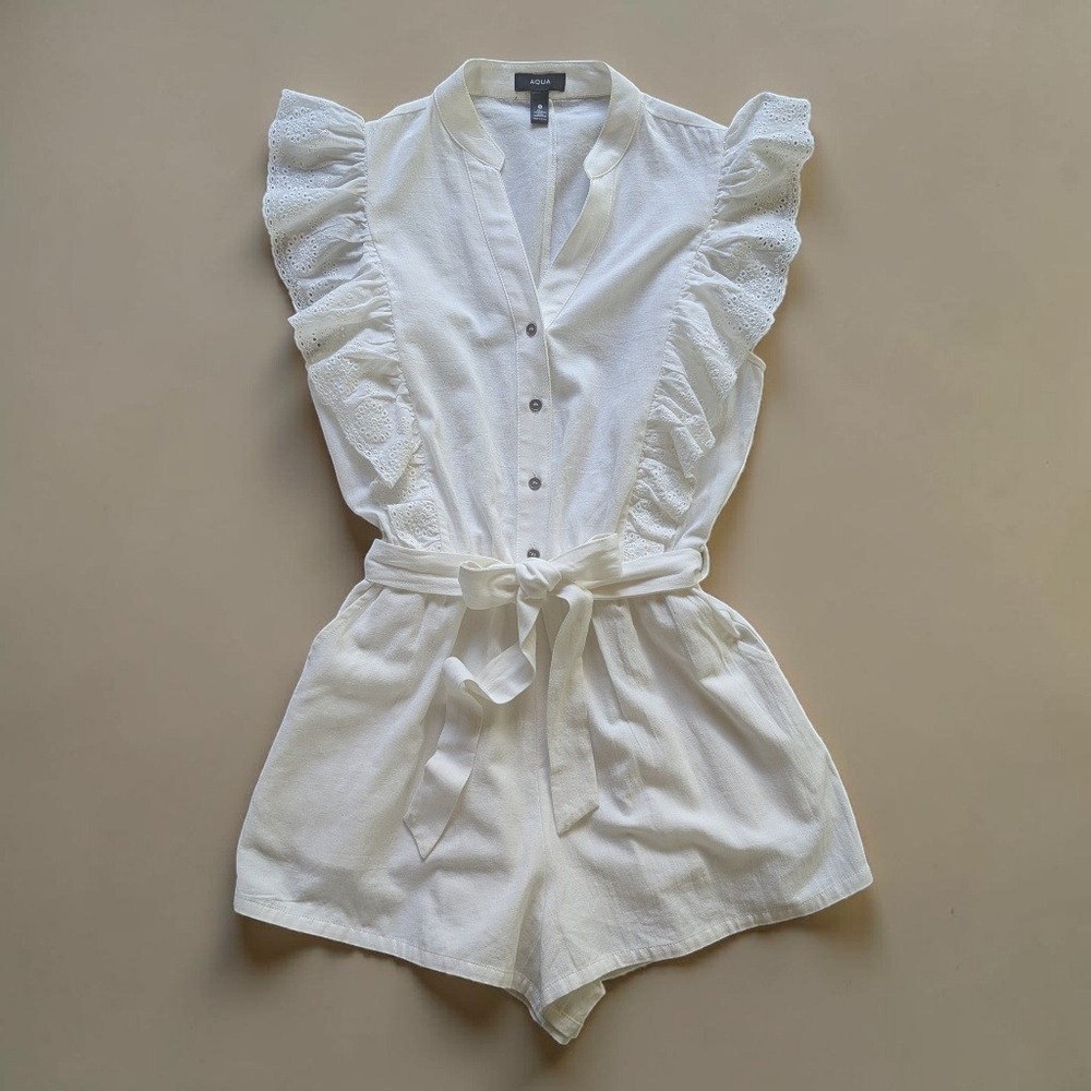 Aqua Eyelet Flutter Sleeve Tie Waist Romper Sz S White - Picture 3 of 8